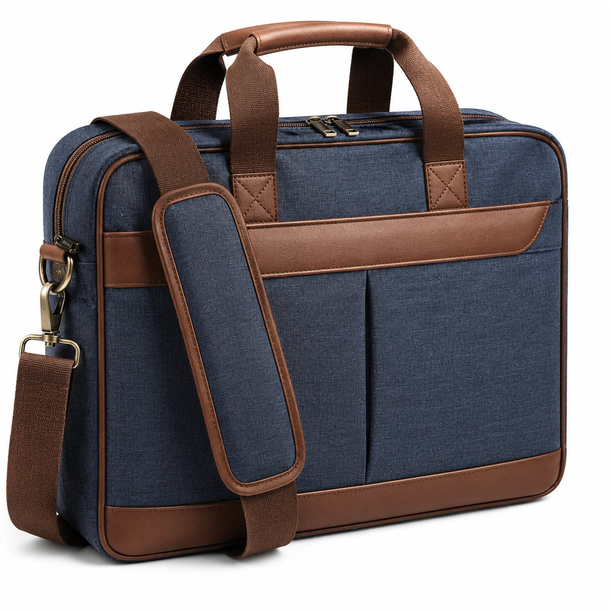 Laptoptasche in Dunkelblau und Braun mit Schultergurt
