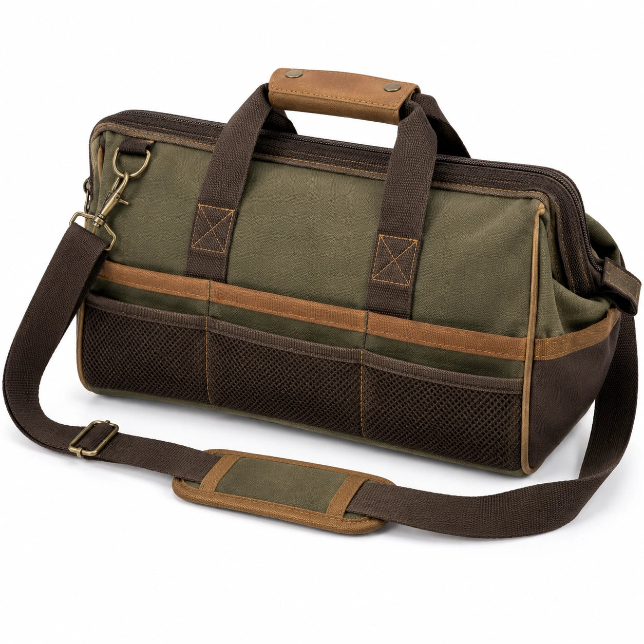Robuste Canvas Werkzeugtasche mit Schultergurt 40cm Olivgrün/Braun