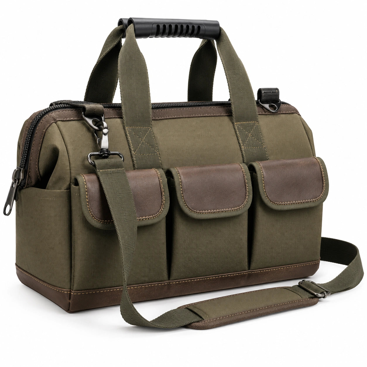 Vielseitige Werkzeugtasche Olivgrün mit Lederakzenten