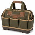 Olivegrüne Werkzeugtasche mit Ledergriff und Außentaschen