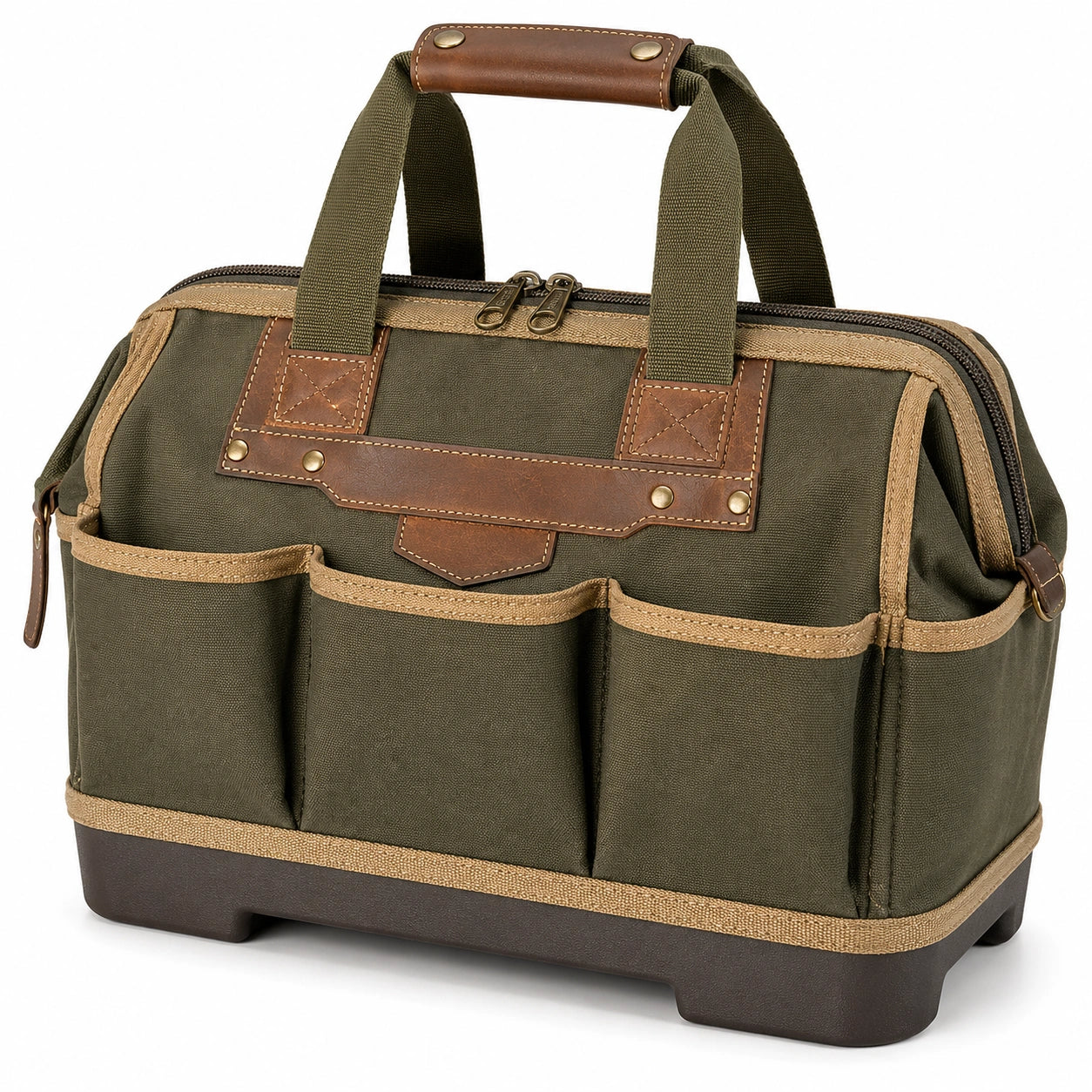 Olivegrüne Werkzeugtasche mit Ledergriff und Außentaschen