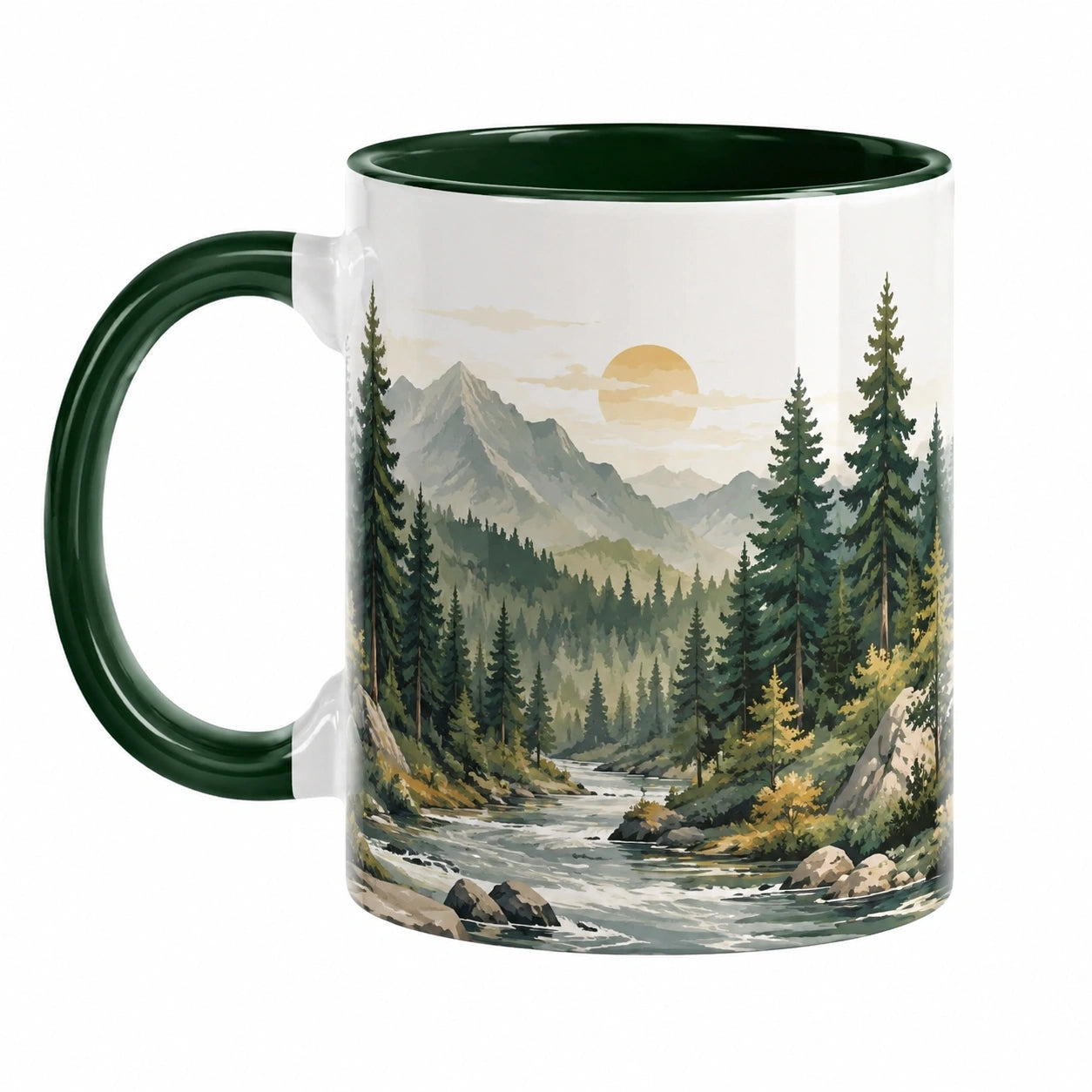 Keramikbecher mit Landschaftsmotiv, 350ml, Grün/Weiß