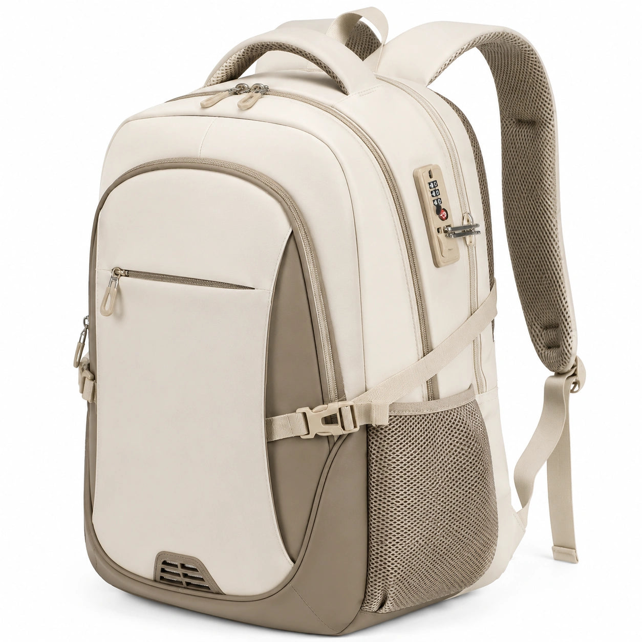 Laptop Rucksack 15 Zoll Beige mit Zahlenschloss und USB-Anschluss