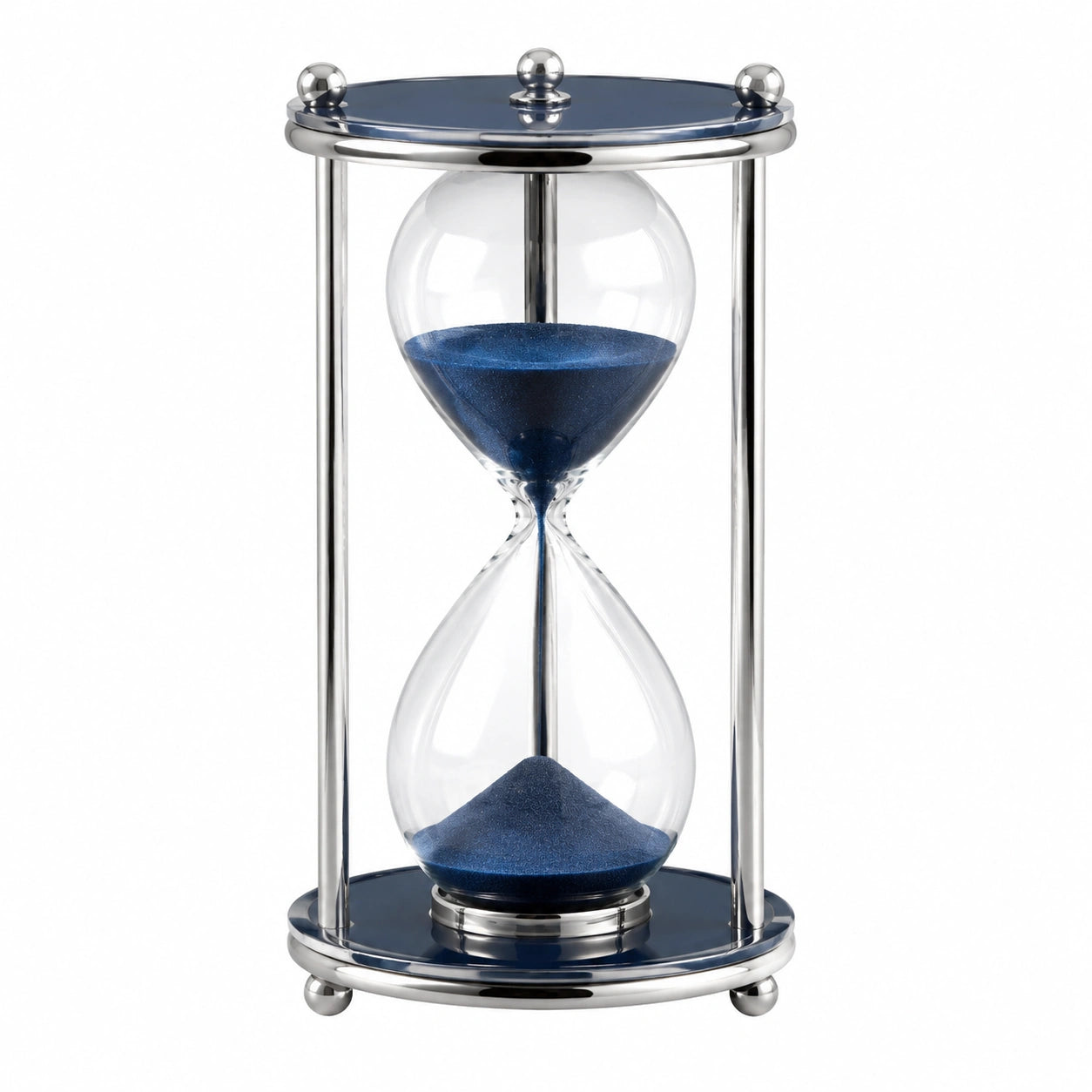 Dekorative Sanduhr mit blauem Sand und silbernem Metallrahmen