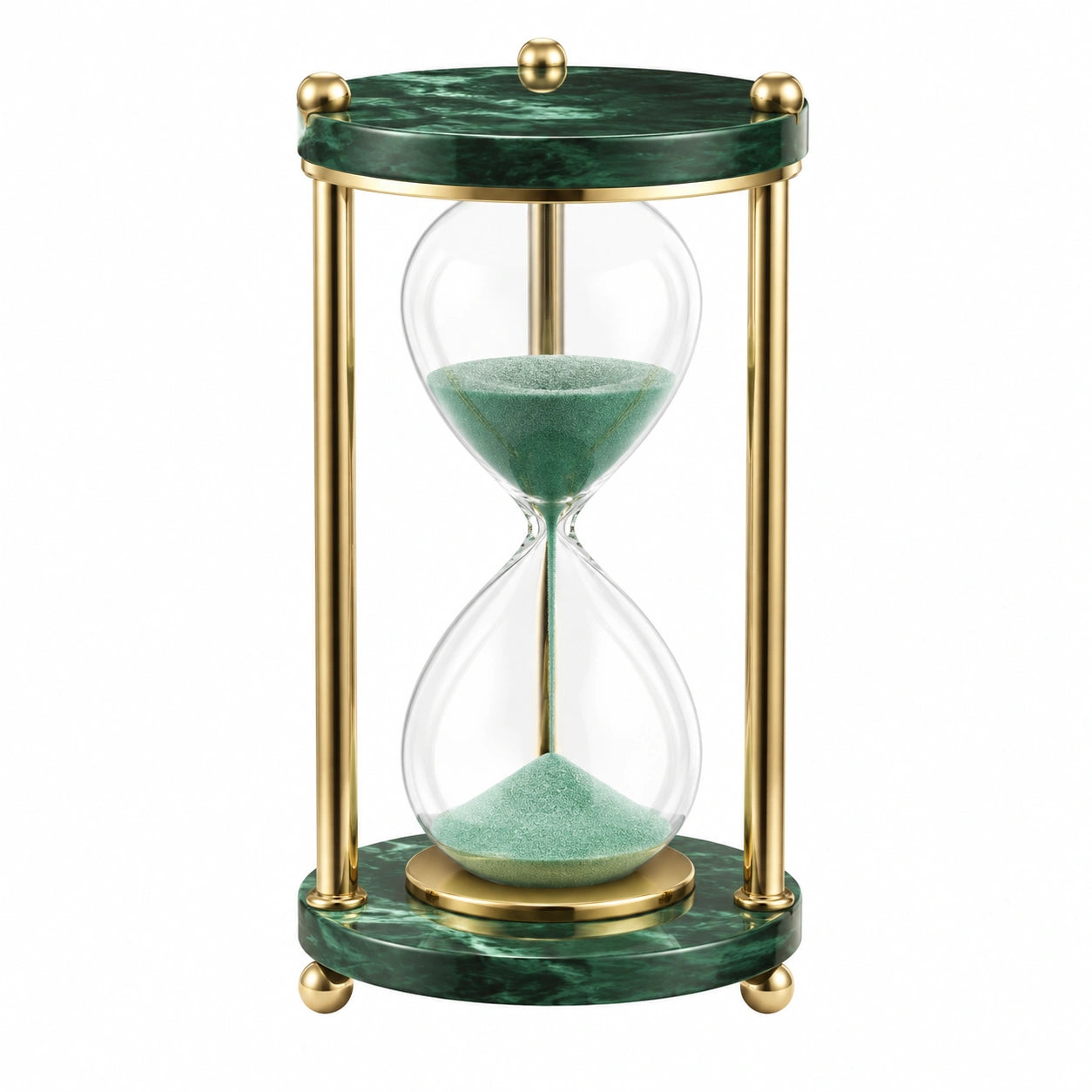 Dekorative Sanduhr aus Glas und Metall in Grün und Gold
