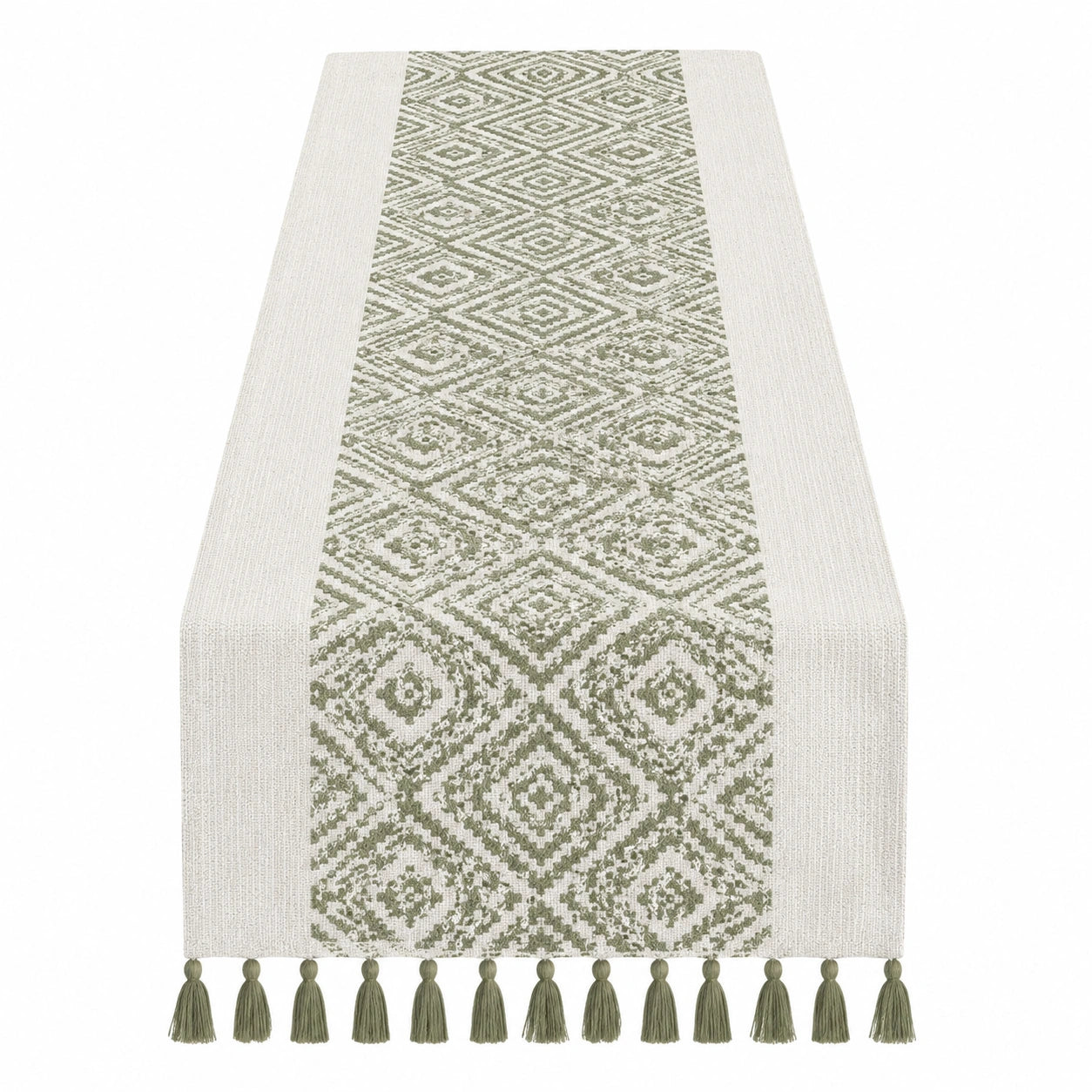 Tischläufer mit geometrischem Muster, Grün und Weiß, mit Fransen, 180 cm