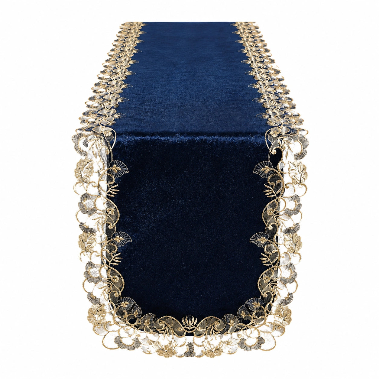 Eleganter Samt Tischläufer mit blumiger Spitze in Blau und Gold